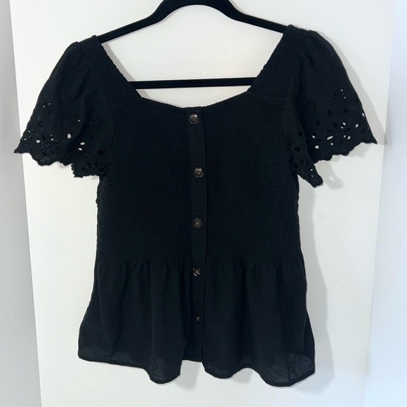 NWT Madewell Eyelet Lucie Square Neck Smocked Short Eyelet Sleeve Top Black S - Picture 9 of 13
